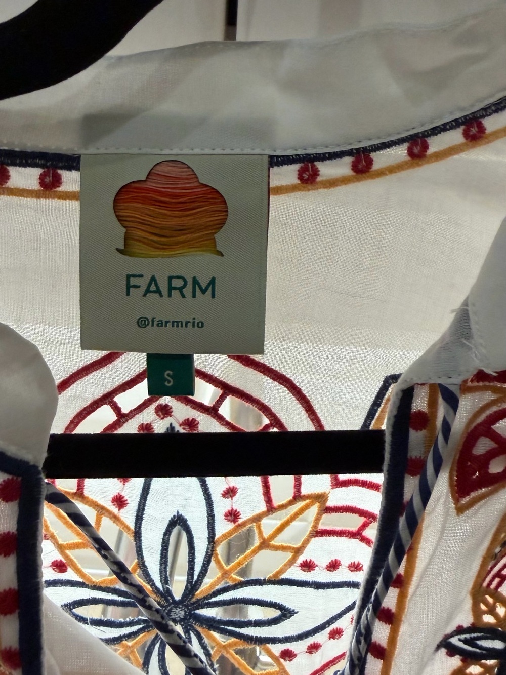 FARM Rio White Embroidered Floral Blouse with Navy & Mustard Accents